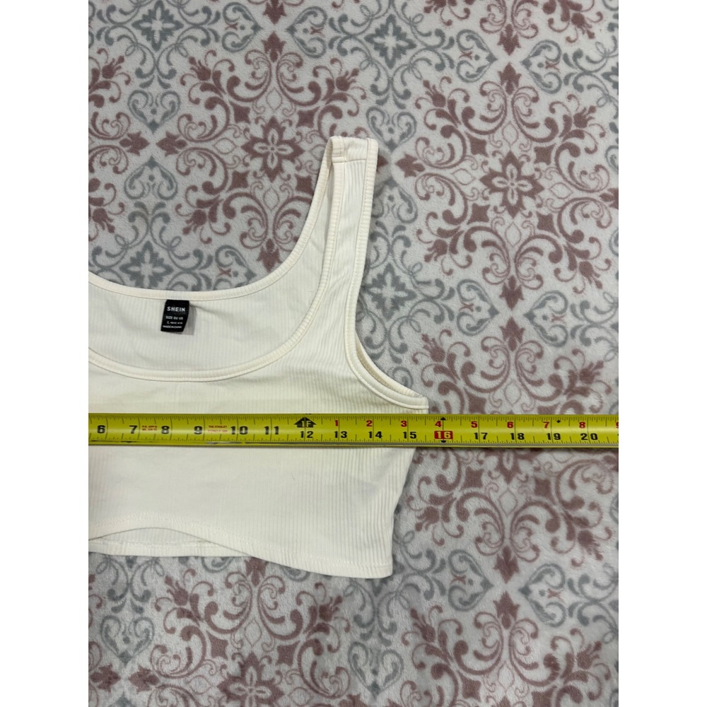 SHEIN Off White Ribbed Knit Scoop Neck Crop Top Curved Hem Large - Picture 3 of 6